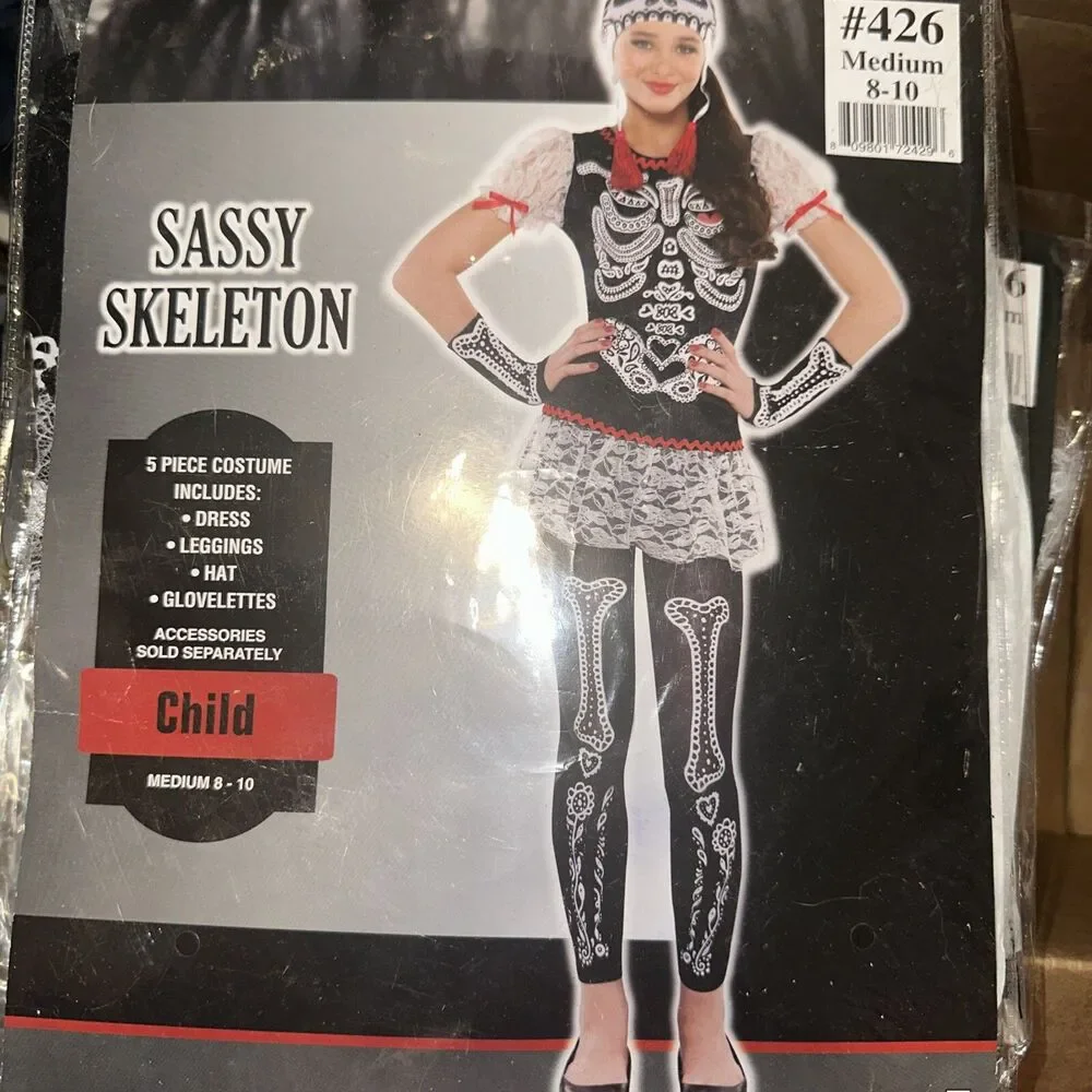 NEW SASSY SKELETON 5 PC CHILD M 8-10 DAY OF THE DEAD HALLOWEEN PARTY COSTUME